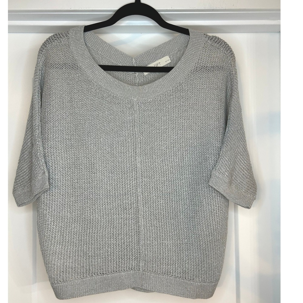 LOFT Petites Silver Metallic Open Knit Batwing Sweater SP Short Sleeve Sparkle